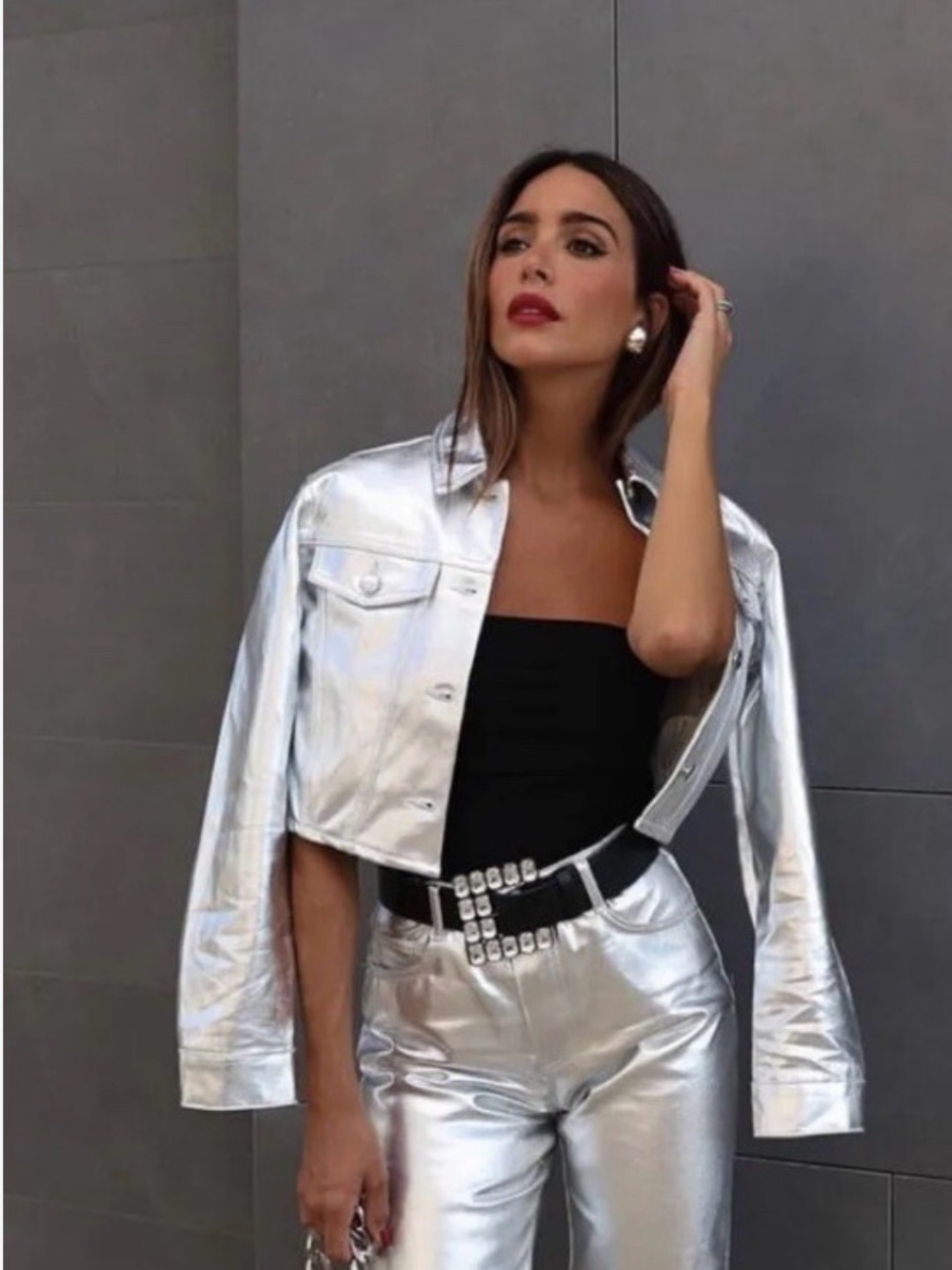 Zara Silver Cropped Metallic Jean Jacket